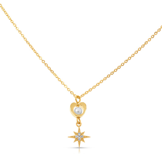 16K Gold-Plated Pendant Necklace for Women - Heart and Star with Pearl